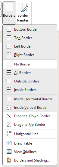 Table border options on ribbon in Word